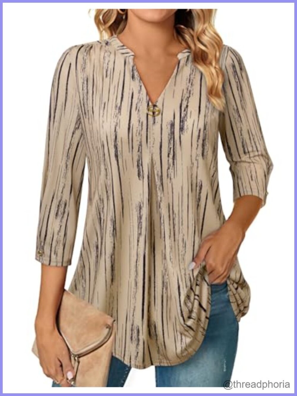 Women's 3/4 Sleeve V Neck Tunic Top Loose Fit Dressy Casual Blouse